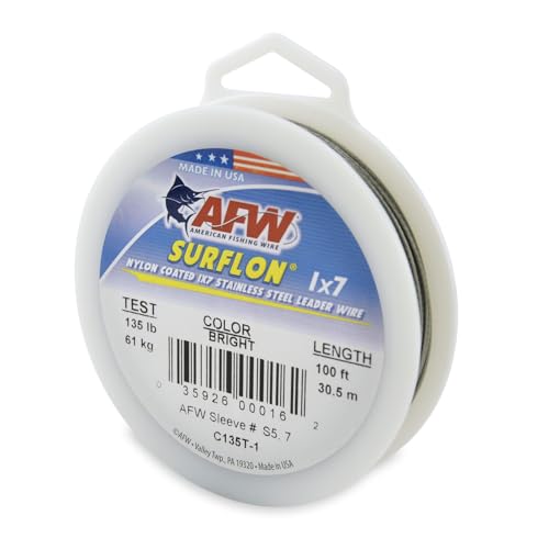 American Fishing Wire Surflon Nylon Coated 1x7 Stainless Steel Wire Leader - Wire Fishing Leader Line for Saltwater 10lb Up To 250lb Test in Bright, Black, Camo in 30ft, 100ft, 300ft, & 1000ft Lengths - color: Bright, style: 100 Feet, 135 Pound Test