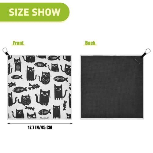 Black Cat Fish White Pattern Magnetic Golf Towel for Golf Bags Microfiber Golf Essentials for Men Women with Carabiner Clip Attaches to Carts and Clubs, 17.7"x17.7"