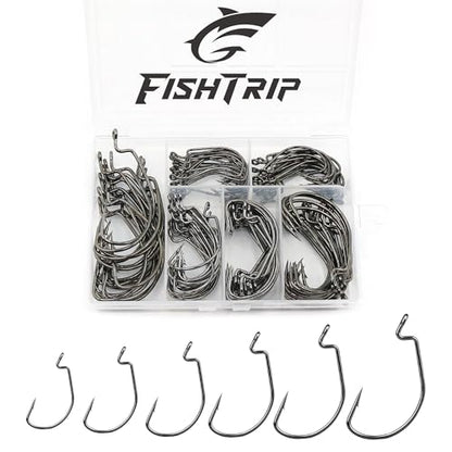 FishTrip 50/100/120pcs EWG Hooks for Bass Fishing Hooks, Extra Wide Gap Offset Worm Hook Texas Rig Fish Hooks for Bass Trout Freshwater Saltwater #4 #2 #1 1/0 2/0 3/0 4/0 5/0 - size: Mixed Set_120pcs