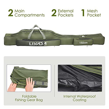 Lixada Fishing Rod Case, Portable Folding Fishing Rod Case Fishing Pole Reel Storage Bag Fishing Gears Organizer