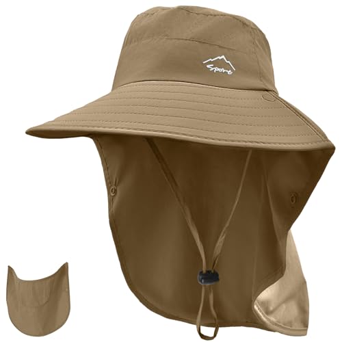 Rosoz Sun Hat for Men Women with Neck Flap,Wide Brim UPF50+ Fishing Hat with Detachable Face Cover Outdoor Sun Protection Hat - color: 1pack-brown