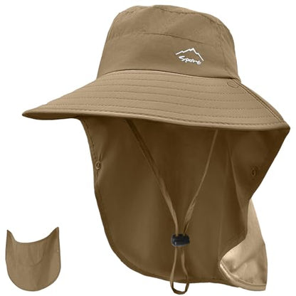 Rosoz Sun Hat for Men Women with Neck Flap,Wide Brim UPF50+ Fishing Hat with Detachable Face Cover Outdoor Sun Protection Hat - color: 1pack-brown