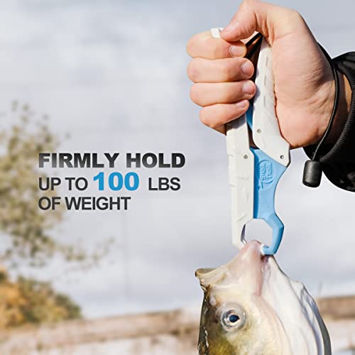 SNAIL TRAIL 7.5'' Floating Fish Gripper, Fishing Grabber | Catfish Mouth Pliers, Caught Bass Holder, Fish Scale Hook Clamp, Saltwater Lip Grip Tool with Lanyard, Gifts for Men - color: White-blue