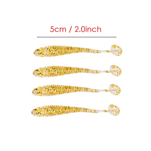 50PCS Fishing Lures Bass Worm Bait, 5cm Soft Plastic Fishing Lures T Tail Grub Worm Baits Fish Tackle Accessory - color: Gold