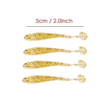 50PCS Fishing Lures Bass Worm Bait, 5cm Soft Plastic Fishing Lures T Tail Grub Worm Baits Fish Tackle Accessory - color: Gold