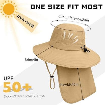 Sun Hats for Men Women, UPF50+ Protection Safari Hat,Wide Brim Fishing Hat with Neck Flap,Bucket Hats for Beach Hiking - color: Khaki