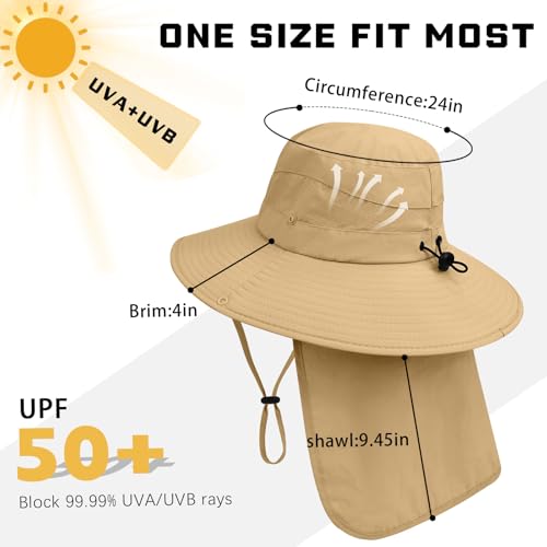 Sun Hats for Men Women, UPF50+ Protection Safari Hat,Wide Brim Fishing Hat with Neck Flap,Bucket Hats for Beach Hiking - color: Khakisleeves