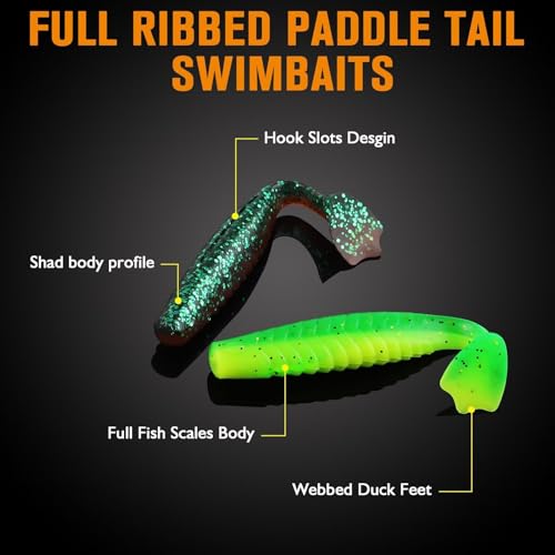Dovesun Crappie Lures Kit Soft Plastic Baits Paddle Tail Swimbaits Fishing Soft Plastic Lures Crappie Walleye Trout Bass Fishing Baits 60pcs/75pcs - color: Duck Feet-2.5in-60pcs