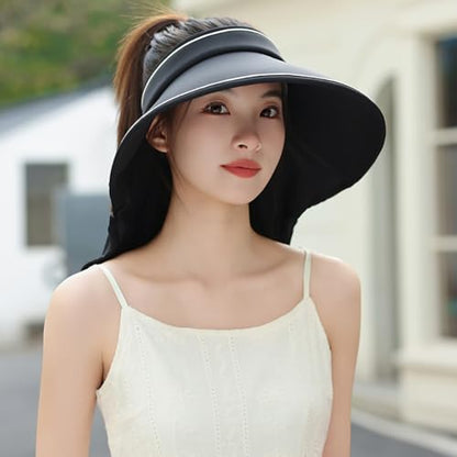 Sun Visor Hats for Women Wide Brim UPF 50+ UV Sun Protection Visor Hats Casual Adjustable Roll up Summer Beach Caps - color: B-black