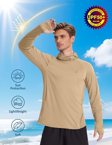Roadbox Mens UPF 50+ Sun Protection Hoodie, Long Sleeve Fishing Shirt with Mask, Lightweight UV SPF Hooded for Hiking Running - color: Khaki, size: Small