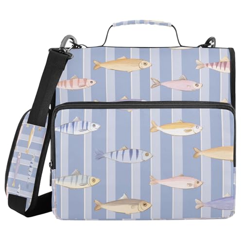 Fish Lure Blue Stripe 3 Ring Zipper Binder with Strap 1.5 inch 500 Sheet Capacity File Folder Storage Organizer