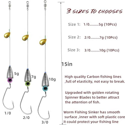 10Pcs Fishing Bullet Weights Texas Rigs Ready Kit,Worms, Sinker (10g/7g/5g), Worm Hooks, Carbon line,Spinner Blades，Eye Beads Bait, Fishing Bass Rig Saltwater Freshwater - size: 2/0, 7g