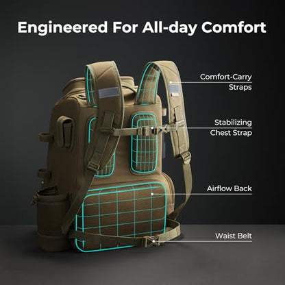 Piscifun 52L Fishing Tackle Backpack with Rod Holders & 4 Tackle Boxes, Large Tackle Bag for Gear Storage with Rain Cover - color: Khaki