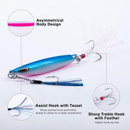 Goture Fishing Jigs, 30g 40g 50g 60g Vertical Jig Saltwater Freshwater, Jig Lures with Assist Hook and Treble Hook, 5PCS Jigging Spoon Lures with Tackle Box, Fishing Jigs for Tuna, Salmon, Bass - color: A1 with Tackle Box, size: 40g