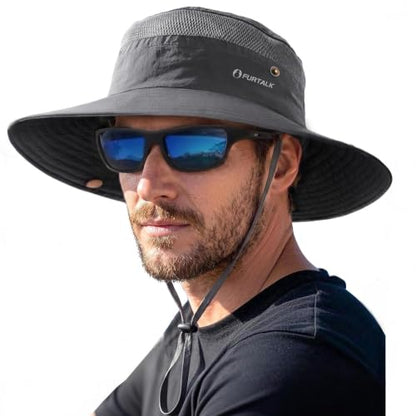 FURTALK Sun Hats for Men Women UPF Sun Protection Breathable Wide Brim | Nylon UV Protection, Breathable Adjustable, 2-in-1 Wide Brim, Packable Water-Resistant, Fishing Hiking Summer - color: Dark Grey