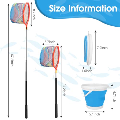 Kids Fishing Net, 2 Pack Telescopic Fishing Landing Net with Aluminum Pole Handle for Kids, Collapsible Bucket Kids Sand Pail, Fishing Net Butterfly Nets for Kids, Outdoor Playing - color: Red