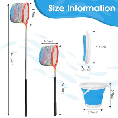 Kids Fishing Net, 2 Pack Telescopic Fishing Landing Net with Aluminum Pole Handle for Kids, Collapsible Bucket Kids Sand Pail, Fishing Net Butterfly Nets for Kids, Outdoor Playing - color: Red