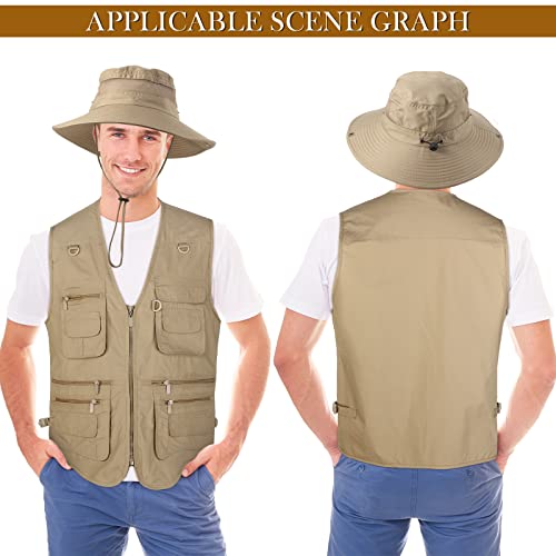 Janmercy 2 Pieces Men's Work Fishing Vest with Hat Lightweight Safari Travel Hunting Waistcoat With Multi Pockets Fishing Hat - color: Dark Khaki,, size: Small
