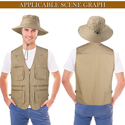 Janmercy 2 Pieces Men's Work Fishing Vest with Hat Lightweight Safari Travel Hunting Waistcoat With Multi Pockets Fishing Hat - color: Dark Khaki,, size: X-Large