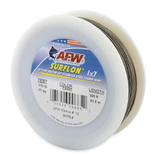 American Fishing Wire Surflon Nylon Coated 1x7 Stainless Steel Wire Leader - Wire Fishing Leader Line for Saltwater 10lb Up To 250lb Test in Bright, Black, Camo in 30ft, 100ft, 300ft, & 1000ft Lengths - color: Camo, style: 300 Feet, 170 Pound Test