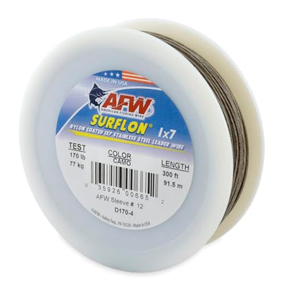 American Fishing Wire Surflon Nylon Coated 1x7 Stainless Steel Wire Leader - Wire Fishing Leader Line for Saltwater 10lb Up To 250lb Test in Bright, Black, Camo in 30ft, 100ft, 300ft, & 1000ft Lengths - color: Camo, style: 300 Feet, 170 Pound Test