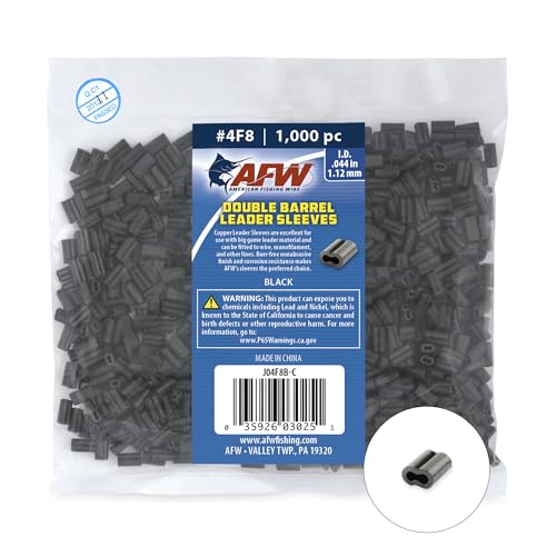 AFW American Fishing Wire Double Barrel Crimp Sleeves – Copper, Black Burr-Free & Corrosion Resistant Finish, Ideal for Rigging Fishing Leaders Over 90lbs, Packaged for Angler's Choice (Retail, Bulk) - size: 1000 Pieces, 0.044 -Inch Inside Diameter