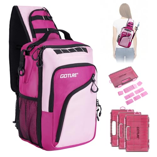 Goture Pink Fishing Tackle Bag, 1680D Water-Resistant Sling Fishing Backpack with Rod Holder, Anti-Slip Waist Strap, 3 Fishing Tackle Boxes, Fishing Gifts for Women Girls - color: Pink, style: 1680d Double-strand Pu Backpack + (3)3600 Trays