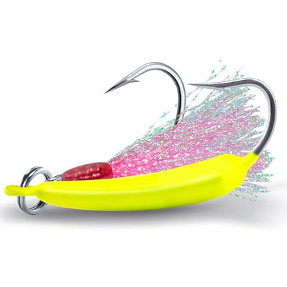 Dr.Fish 5 Pack Pompano Jigs with Teaser Hooks, Surf Fishing Jig Heads Saltwater Lure Banana Shape Stand Up O'Shaughnessy Beach Casting Halibut Striper Redfish Flounder - color: Chartreuse, size: 1/4oz-Hook 2/0