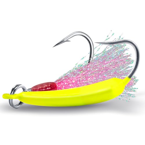 Dr.Fish 5 Pack Pompano Jigs with Teaser Hooks, Surf Fishing Jig Heads Saltwater Lure Banana Shape Stand Up O'Shaughnessy Beach Casting Halibut Striper Redfish Flounder - color: Chartreuse, size: 1/2oz-Hook 4/0