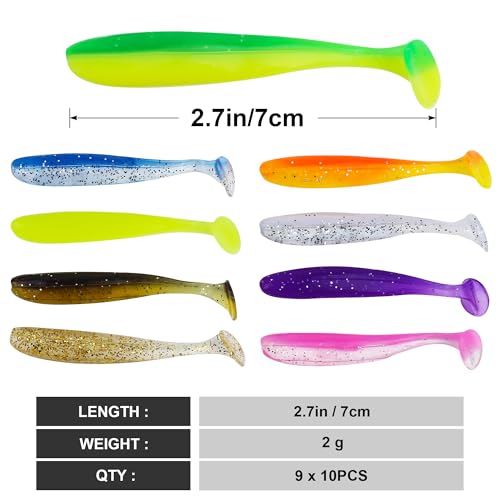 Soft Fishing Lures，90pcs Fishing Soft Plastic Lures and 5pcs Fishhook,Paddle Tail Swimbaits Soft Plastic Lures Kit for Bass Trout Walleye Crappie