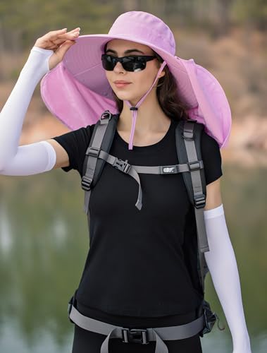 HUAMULAN Women Large Brim Sun Hat with Neck Flap, Men Quick Dry Hiking Fishing Safari Hat UPF 50+ - color: Lavender Pink ‌with Mesh Panel
