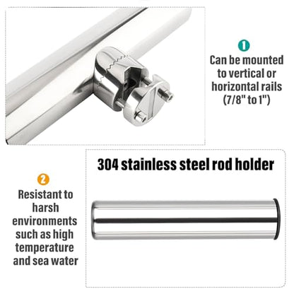 NovelBee 2pcs Stainless Steel Clamp on Fishing Rod Holders with Black Rubber Insert for Rails 7/8" to 1"