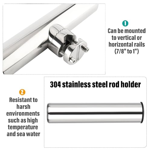 NovelBee 4pcs Stainless Steel Clamp on Fishing Rod Holders with Black Rubber Insert for Rails 7/8" to 1"