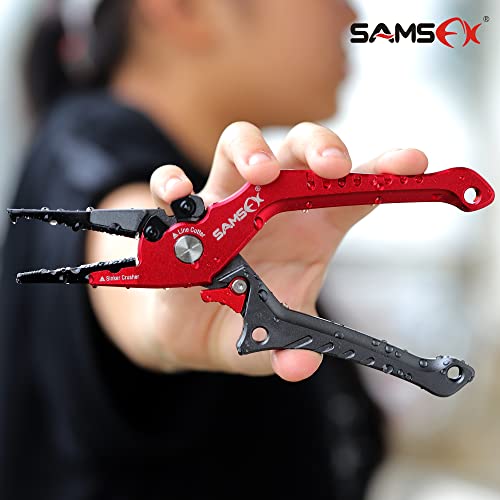 SAMSFX Aluminum Fishing Pliers Hook Remover Braid Line Cutter with Coiled Lanyard, Fly Fishing Knot Tying Tool & Retractors - color: 7'' Split Ring Nose, Gray & Red Handle