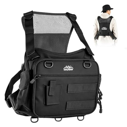 Fishing Chest Pack with 3 Bait Boxes, Fly Fishing Tackle Bag & Work Station - color: Black