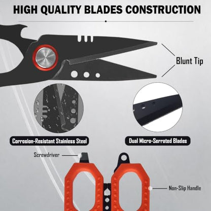 Eupheng Multifunction 4.7" Pro Fishing Scissors,Dual Serrated Blades Titanium-Coated Fishing Shears with Zinger Retractor Clip,Compatible with Braided Line,Mono and Fluorocarbon - style: 4.7in Blue Scissors + Black Zinger