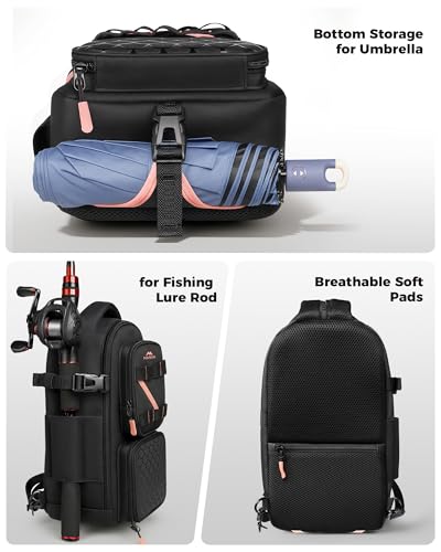 MATEIN Fishing Sling Bag with Phone Pouch, 3600 Tackle Box Backpack | Tackle Bag with Removable Bait Binder, Fishing Bag with Lure Rod Holder, Cooler Compartment, Waterproof, Women Fishing Gifts - color: Black-pink