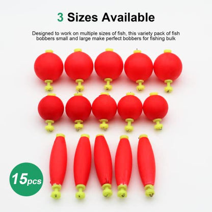 Fishing Bobber Slip Bobbers for Fishing 15 Pcs Foam Snap Weighted Floats Set Bobbers Fishing Tackle Accessories Fishing Supplies - color: C-Small+Large-Unweighted