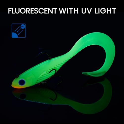 TRUSCEND Duramax Easy Catch Soft Fishing Lures with BKK Hook, Trembly Sinking & Vibrating Swim for More Bites, Pre-Rigged Curly & T-Tail Swimbait for Bass, Trout, Crappie, Freshwater Saltwater Fishing - color: A4-6'',1-3/4oz