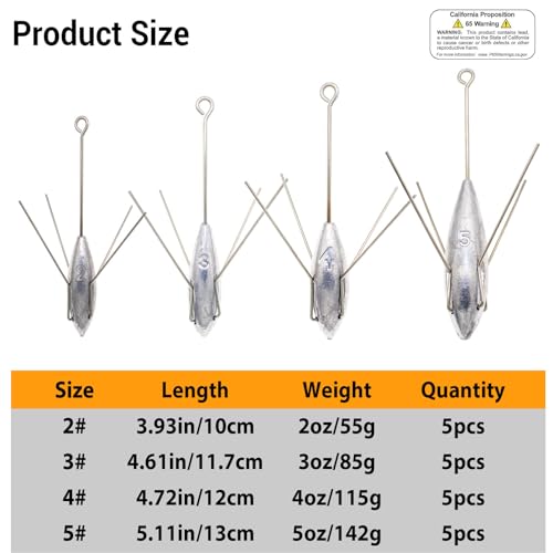 5 Pcs Sputnik Sinker Fishing Weights Lead Surfing Casting Spider Sinkers Long Tail Fishing Equipment for Catfish Saltwater Beach Sand Ocean - size: 4oz - 5pcs