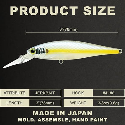 LUCKY CRAFT Pointer 78DD Freshwater Fishing Lure and Gear for Bass & Trout, 3 inch Deep Diving Suspending Jerkbait Fishing Line, Pressure-Ready Fish Bait, Premium Gear for Tackle Box, - color: 380 Silver Cheek Chartreuse Shad