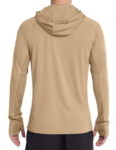 Roadbox Mens UPF 50+ Sun Protection Hoodie, Long Sleeve Fishing Shirt with Mask, Lightweight UV SPF Hooded for Hiking Running - color: Khaki, size: Medium