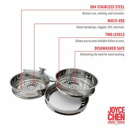 Joyce Chen 10-Inch Stainless Steel Two-Tier Steamer with Glass Lid & Wok Adapter Ring, 304 Stainless Steel, Dishwasher Safe - size: 10 inch - steel