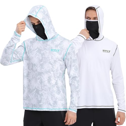 Fishing Shirts for Men,Long Sleeve Rash Guard Shirts Sun Protection Hoodie Athletic Running Hiking Shirt 1/2 Packs - color: Print/White, size: Small