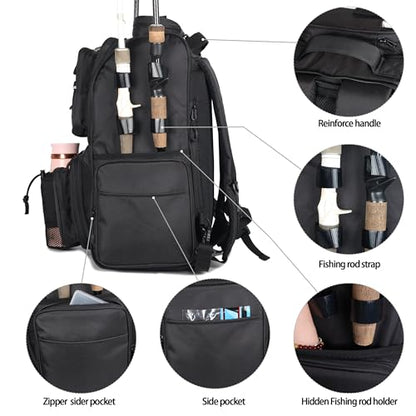 Fishing Tackle Backpack With Rod Holders, Large 40L Fishing Backpack for Camping, Hiking - style: 4 Tackle Boxes Not Included