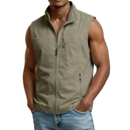 Mens Golf Vest Waterproof Fishing Shirt Zip Up Sleeveless Jacket with Pockets Outdoor Camping Hiking Shirts Travel Photo Vest - color: A07 Khaki, size: Medium