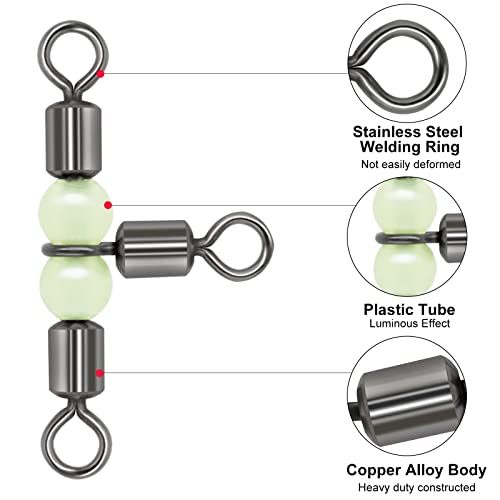 Goture Fishing Swivels, 3 Way Swivels Fishing Tackle, T Shape Cross Line Rolling Swivels with Luminous Beads Saltwater Freshwater,Three Way Fishing Swivels Barrel Swivels for Catfish Rig Surf Rig - color: C:30pcs 3 Way Fishing Swivels-Luminous, size: 5*6