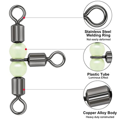 Goture Fishing Swivels, 3 Way Swivels Fishing Tackle, T Shape Cross Line Rolling Swivels with Luminous Beads Saltwater Freshwater,Three Way Fishing Swivels Barrel Swivels for Catfish Rig Surf Rig - color: C:30pcs 3 Way Fishing Swivels-Luminous, size: 7*8