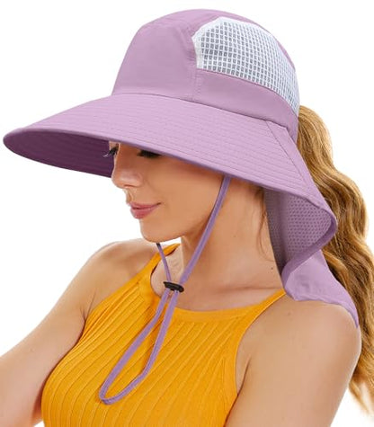 Sun Hats for Women UV Protection with Neck Flap Wide Brim Beach Hats with Ponytail Hole for Hiking Fishing Gardening Travel - color: Dark Purple