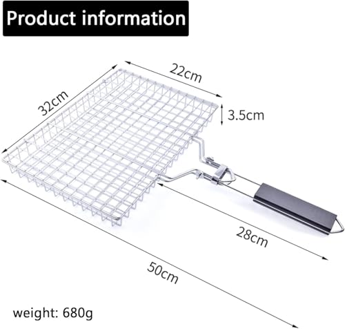 BBQ Grill Basket, 430 Food Grade Stainless Steel Lockable Fish Grill Basket with Removable Handle, Portable Grilling Rack for Whole Fish, Steak, Shrimp and Vegetables, Outdoor Camping Barbecue
